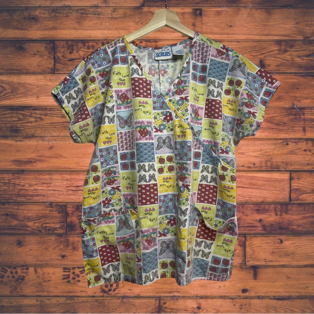 5 for $25🔥J.I.T. Plaid Garden Print Scrub Top Medium